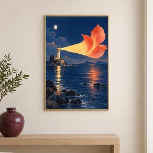 May include: A framed wall art print depicting a lighthouse on a rocky island at night. The lighthouse emits a bright, glowing beam of light that transforms into a large, orange, petal-like shape against the dark blue sky and full moon.