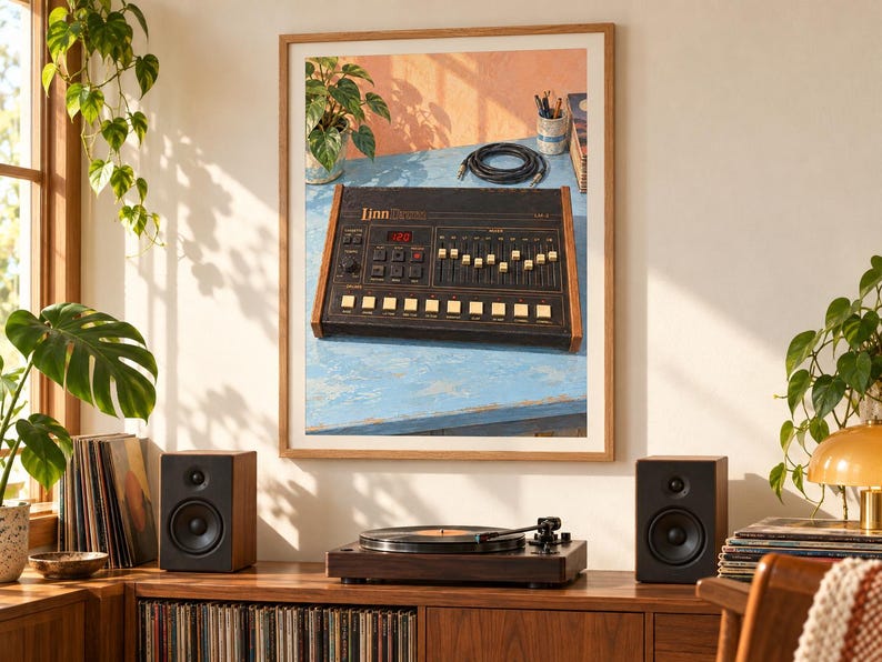 K&ouml;nnte beinhalten: Ein gerahmter Wandkunstdruck, der eine vintage LinnDrum elektronische Drum-Machine mit schwarzer Frontplatte, Holzseitenteilen, mehreren Schiebereglern und Tasten zeigt, ausgestellt in einem Raum mit Lautsprechern.