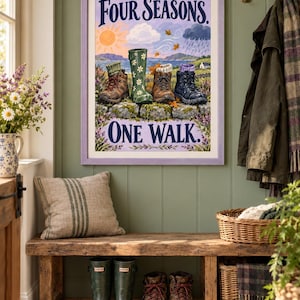 May include: A framed wall art print titled Four Seasons One Walk featuring an illustration of four different types of footwear on a stone wall. The artwork depicts a sun, clouds, rain, and falling leaves above brown, green, and black boots.