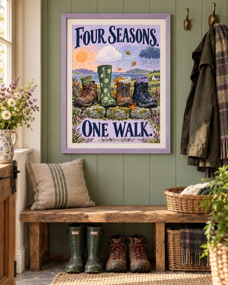 May include: A framed wall art print titled Four Seasons One Walk featuring an illustration of four different types of footwear on a stone wall. The artwork depicts a sun, clouds, rain, and falling leaves above brown, green, and black boots.
