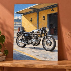 May include: A silver and black vintage-style motorcycle parked in front of a yellow building with the numbers 4 and 5 painted on the wall. The motorcycle features a chrome fuel tank, spoked wheels, and a black leather seat under a roof overhang.