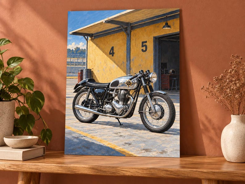 May include: A silver and black vintage-style motorcycle parked in front of a yellow building with the numbers 4 and 5 painted on the wall. The motorcycle features a chrome fuel tank, spoked wheels, and a black leather seat under a roof overhang.
