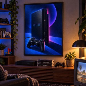 May include: A framed wall art print featuring a black Sony PlayStation 2 console and a matching black controller against a vibrant blue and purple neon background. The console displays the PS2 logo in blue text with a red PlayStation symbol above it.
