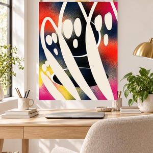 May include: A rectangular wall art print featuring an abstract composition with a vibrant, spray-painted background in gradients of red, yellow, blue, and pink. Overlaid on this colorful base are bold, sweeping, off-white curved lines and shapes.