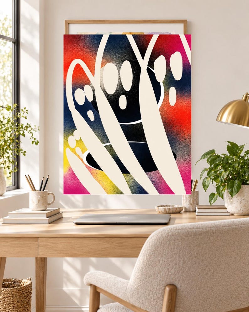May include: A rectangular wall art print featuring an abstract composition with a vibrant, spray-painted background in gradients of red, yellow, blue, and pink. Overlaid on this colorful base are bold, sweeping, off-white curved lines and shapes.