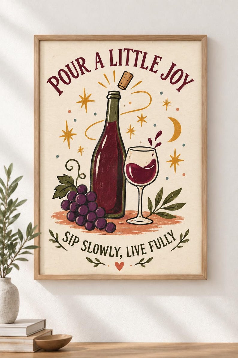 Puede incluir: Una l&aacute;mina enmarcada con una botella de vino, una copa de vino tinto y un racimo de uvas moradas. El texto dice "POUR A LITTLE JOY" en la parte superior y "SIP SLOWLY, LIVE FULLY" en la inferior, con estrellas, una luna creciente y un coraz&oacute;n.