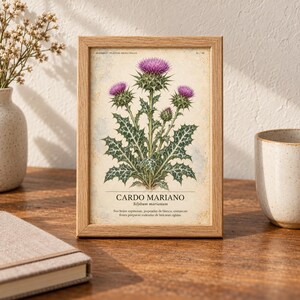 May include: A rectangular wooden frame containing a botanical print of a Silybum marianum plant with purple flowers and green, white-veined leaves. The text CARDO MARIANO, Silybum marianum, and descriptive Spanish text are printed below the illustration.