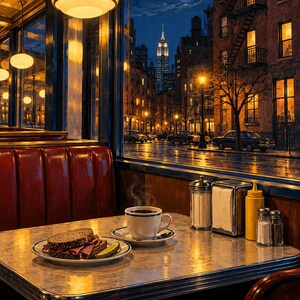 May include: A diner booth with a red vinyl seat and a table holding a plate with a sandwich and pickle, a steaming cup of coffee, a sugar dispenser, a napkin holder, and condiment bottles. The text Seinfeld 1989 appears at the bottom.