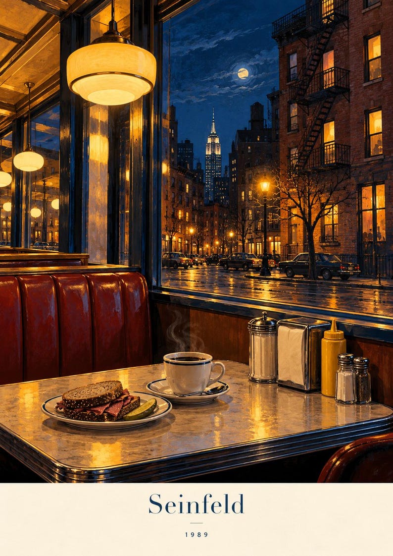 May include: A diner booth with a red vinyl seat and a table holding a plate with a sandwich and pickle, a steaming cup of coffee, a sugar dispenser, a napkin holder, and condiment bottles. The text Seinfeld 1989 appears at the bottom.