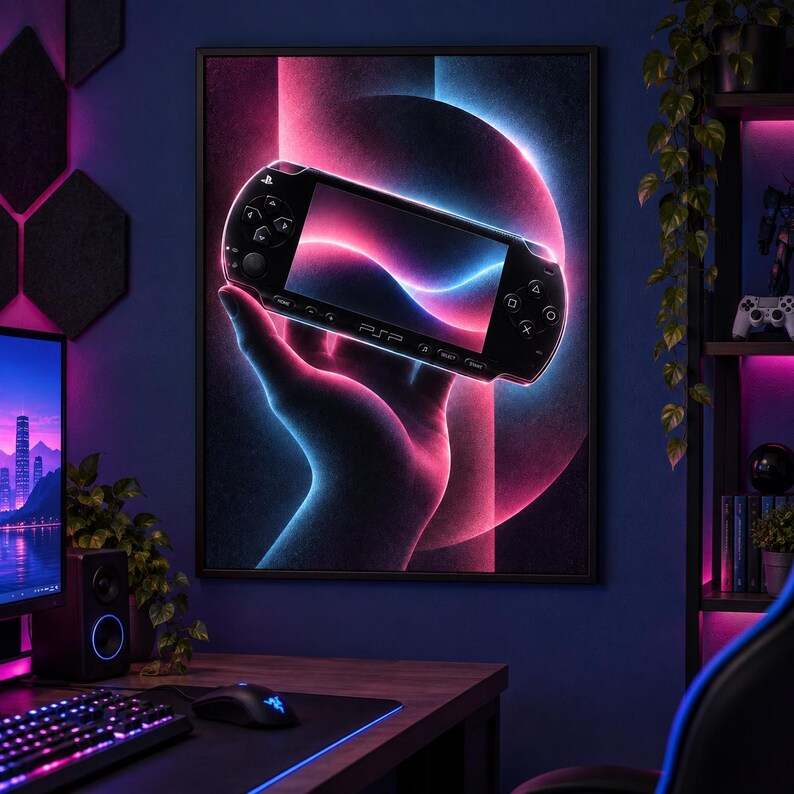 May include: A framed wall art print featuring a black handheld gaming console held in a hand, illuminated by vibrant neon pink and blue circular light effects against a dark background, creating a high-contrast, modern aesthetic for a gaming room.