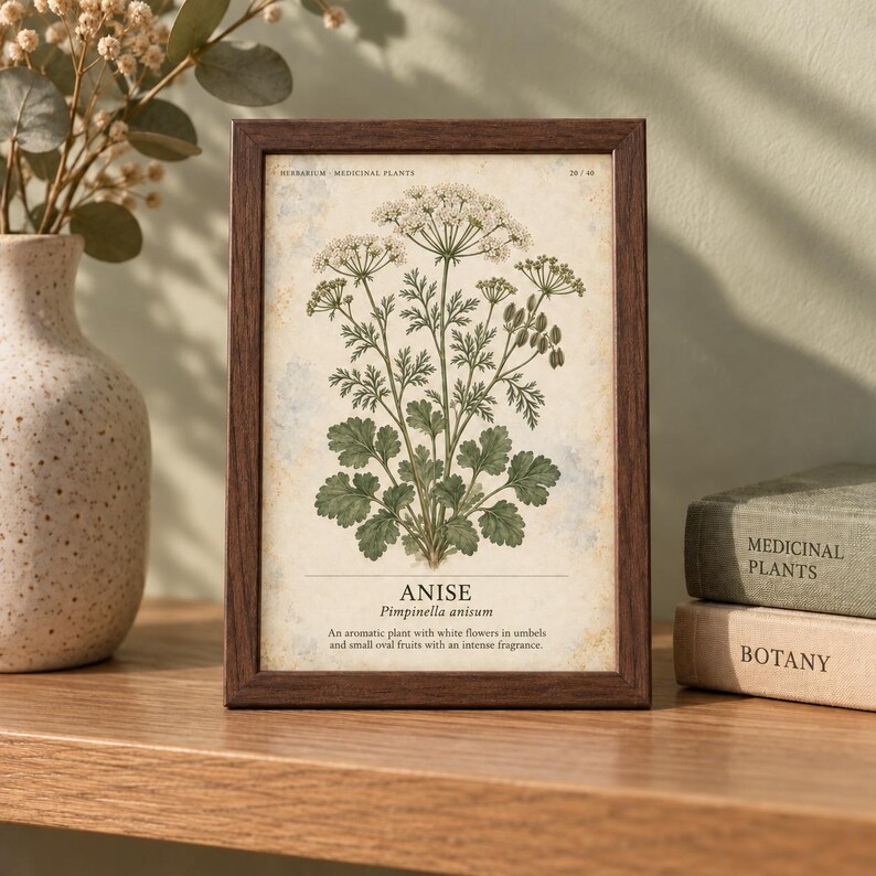 K&ouml;nnte beinhalten: Ein gerahmter botanischer Druck einer Anispflanze mit wei&szlig;en Bl&uuml;ten und gr&uuml;nen Bl&auml;ttern. Der Text lautet: HERBARIUM MEDICINAL PLANTS 28/40, ANISE Pimpinella anisum, An an aromatic plant with white flowers in umbels and small oval fruits.