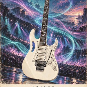 May include: A white Ibanez JEM electric guitar with a floral vine inlay on the fretboard, a pearloid pickguard, and a double-locking tremolo system. The background features a concert scene with purple and blue light trails. Text reads IBANEZ JEM 1987.