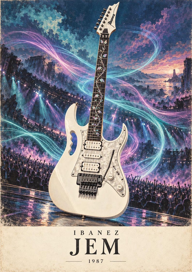 May include: A white Ibanez JEM electric guitar with a floral vine inlay on the fretboard, a pearloid pickguard, and a double-locking tremolo system. The background features a concert scene with purple and blue light trails. Text reads IBANEZ JEM 1987.