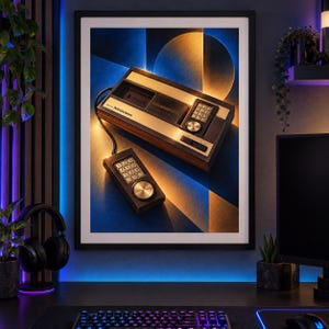 Puede incluir: Una impresi&oacute;n de arte mural enmarcada que muestra una consola de videojuegos vintage Intellivision con paneles de grano de madera, un panel de control plateado met&aacute;lico y un mando con cable con teclado num&eacute;rico y disco circular sobre fondo azul y dorado.