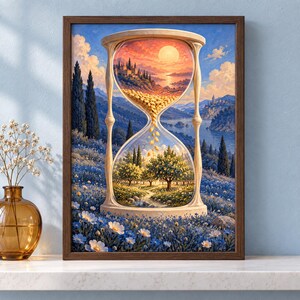 May include: A framed wall art print featuring a large hourglass centred in a landscape. The top bulb shows a sunset over a coastal town, while the bottom bulb depicts a lush orchard. Golden grains flow between the two sections of the glass.