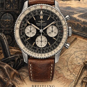 Op de afbeelding: Een Breitling Navitimer horloge met een zwarte wijzerplaat, drie zilveren sub-wijzerplaten en een bruine leren band. De wijzerplaat heeft witte markeringen, een rekenliniaal-ring en de tekst Breitling Navitimer 1952 tegen een achtergrond met luchtvaartthema.