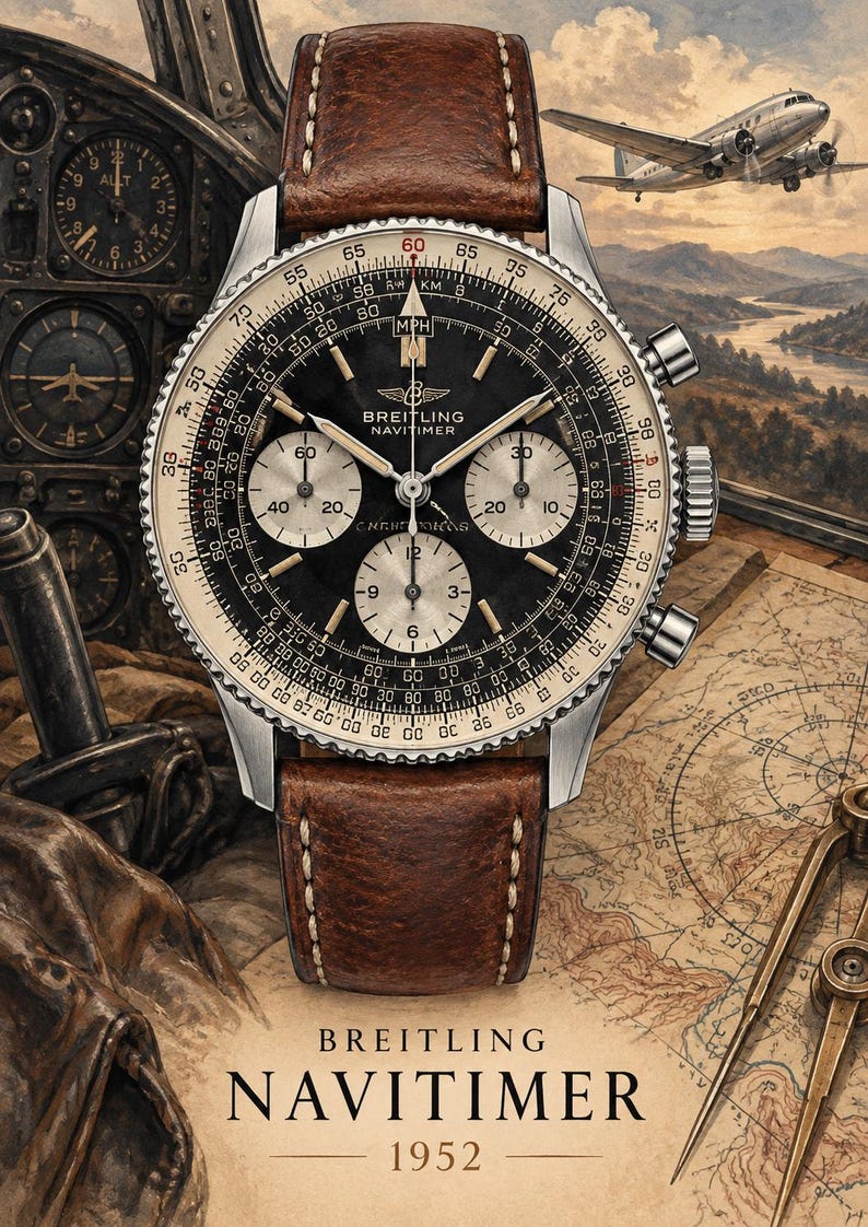 Op de afbeelding: Een Breitling Navitimer horloge met een zwarte wijzerplaat, drie zilveren sub-wijzerplaten en een bruine leren band. De wijzerplaat heeft witte markeringen, een rekenliniaal-ring en de tekst Breitling Navitimer 1952 tegen een achtergrond met luchtvaartthema.