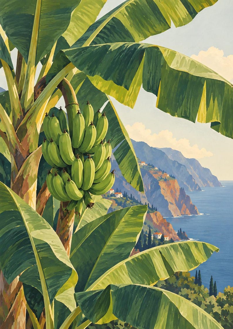 May include: A vibrant painting of a banana tree with a large bunch of green bananas hanging from the stalk. The scene features broad, layered green leaves in the foreground, with a coastal landscape of cliffs, blue water, and small houses in the back.