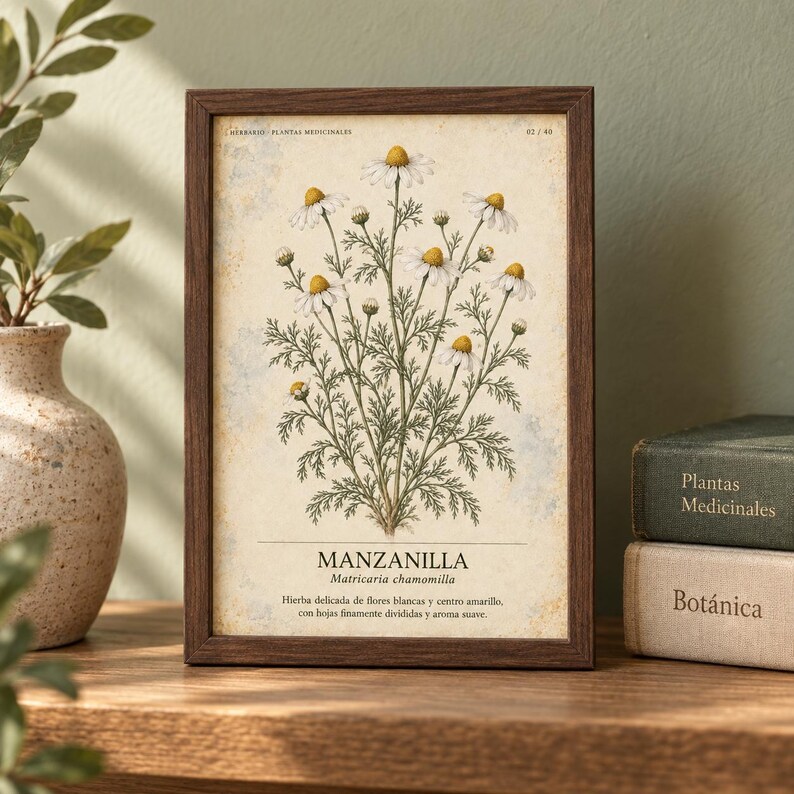 May include: A framed botanical print featuring a detailed illustration of a chamomile plant with white petals and yellow centers. The text reads MANZANILLA, Matricaria chamomilla, and includes a description in Spanish about the plant's delicate nature.