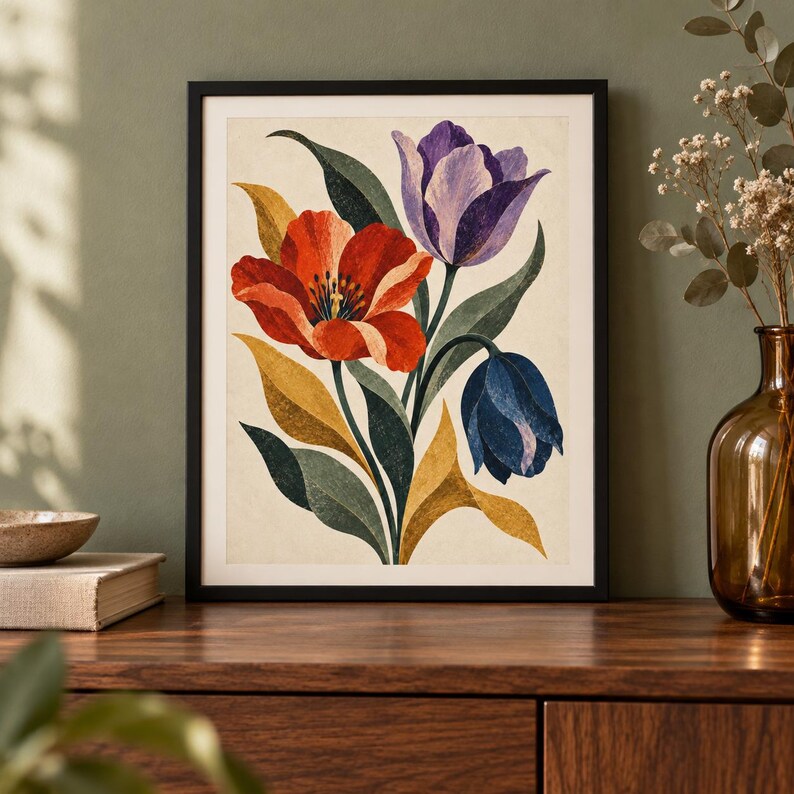May include: A framed wall art print featuring a botanical illustration of three tulips in red, purple, and dark blue. The flowers are surrounded by stylized green and golden yellow leaves set against a cream-colored background within a black frame.