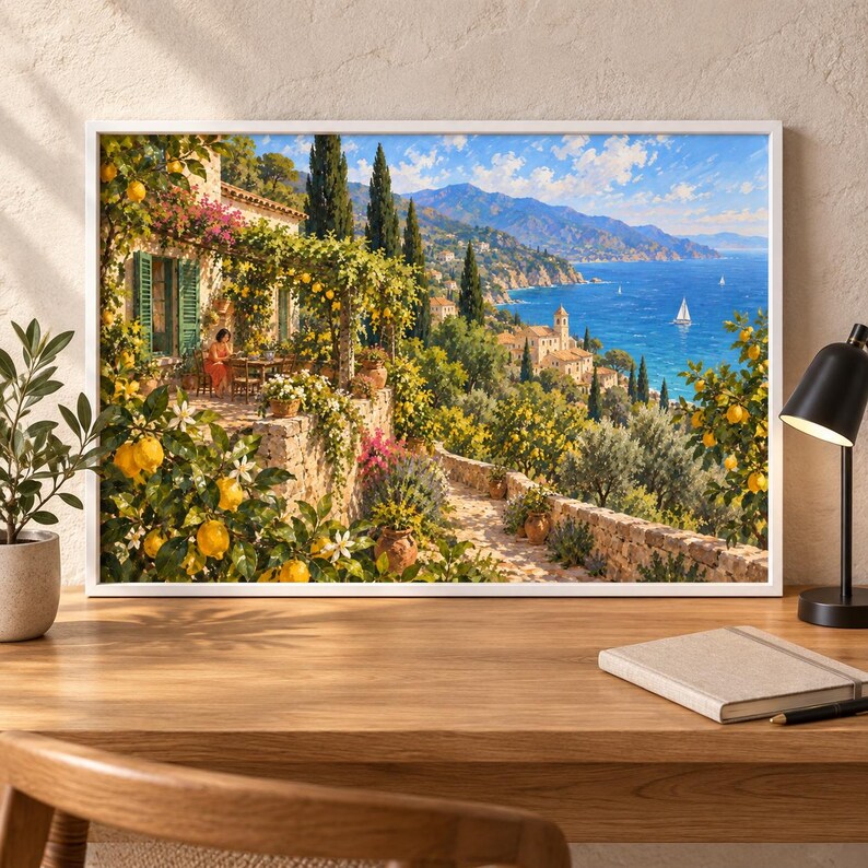 May include: A framed landscape painting depicting a sunlit Mediterranean terrace with lemon trees, a stone wall, and a person sitting at a table. The scene overlooks a blue sea with sailboats, distant mountains, and a coastal village under a clear sky.