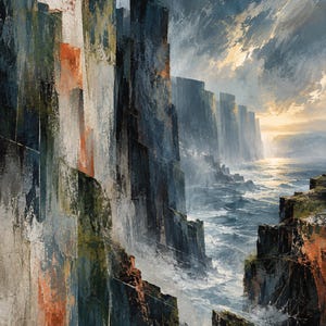 May include: An oil painting depicting towering dark cliffs rising from a turbulent sea. The vertical rock faces feature textured brushstrokes in shades of charcoal, deep blue, moss green, and burnt orange, with white waves crashing against the base.