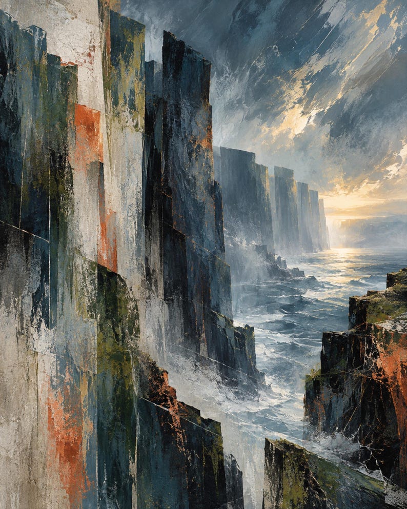 May include: An oil painting depicting towering dark cliffs rising from a turbulent sea. The vertical rock faces feature textured brushstrokes in shades of charcoal, deep blue, moss green, and burnt orange, with white waves crashing against the base.