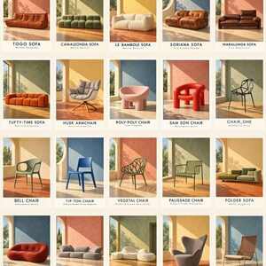 May include: A collection of twenty iconic furniture pieces arranged in a grid, including various sofas and chairs like the Togo, Camaleonda, and Roly-Poly. Each item is labelled with its name and designer, displayed in a sunlit room with arched windows.