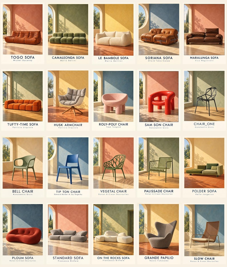 May include: A collection of twenty iconic furniture pieces arranged in a grid, including various sofas and chairs like the Togo, Camaleonda, and Roly-Poly. Each item is labelled with its name and designer, displayed in a sunlit room with arched windows.
