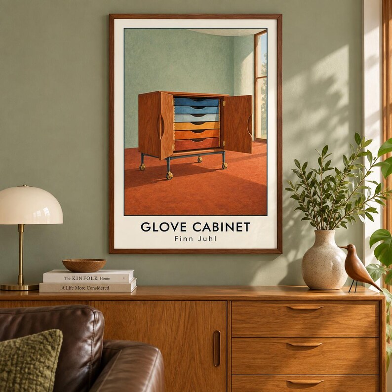 May include: A framed art print titled GLOVE CABINET by Finn Juhl, depicting a wooden cabinet with open doors revealing a stack of drawers in a gradient of blue, yellow, and orange colours, set on a wheeled base against a light green wall.