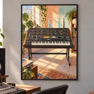 May include: A framed wall art print depicting a vintage Yamaha CS-80 analog synthesizer on a stand. The keyboard features a black control panel with numerous sliders, knobs, and colorful buttons, set against a sunlit room with plants and decor.