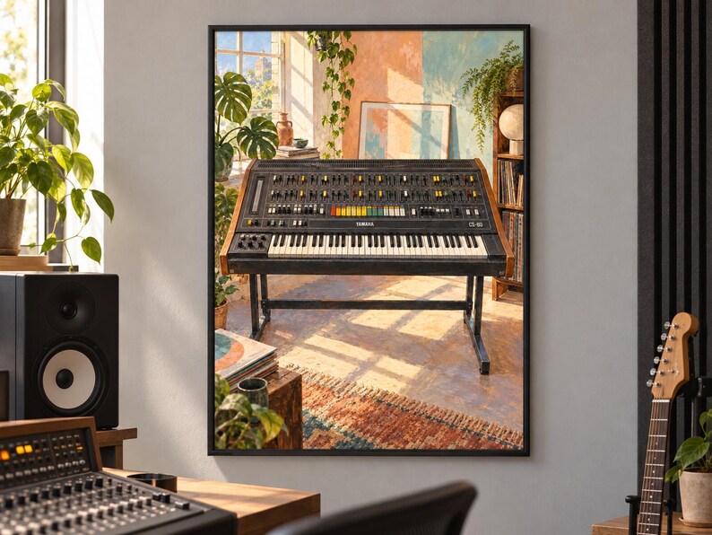May include: A framed wall art print depicting a vintage Yamaha CS-80 analog synthesizer on a stand. The keyboard features a black control panel with numerous sliders, knobs, and colorful buttons, set against a sunlit room with plants and decor.