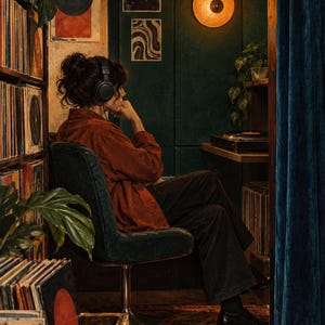May include: A person wearing a rust-coloured shirt and dark trousers sits in a dark green velvet swivel chair while wearing black over-ear headphones. The room features shelves filled with vinyl records, framed wall art, and a warm circular wall light.