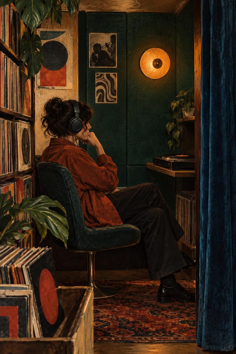 May include: A person wearing a rust-coloured shirt and dark trousers sits in a dark green velvet swivel chair while wearing black over-ear headphones. The room features shelves filled with vinyl records, framed wall art, and a warm circular wall light.