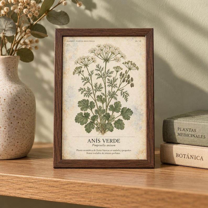 K&ouml;nnte beinhalten: Ein dunkelbrauner Holzrahmen mit einem botanischen Druck der Pflanze Anis Verde, Pimpinella anisum. Die Illustration zeigt wei&szlig;e Bl&uuml;ten und gr&uuml;ne Bl&auml;tter auf einem strukturierten, gealterten Papierhintergrund mit gedrucktem spanischem Text.