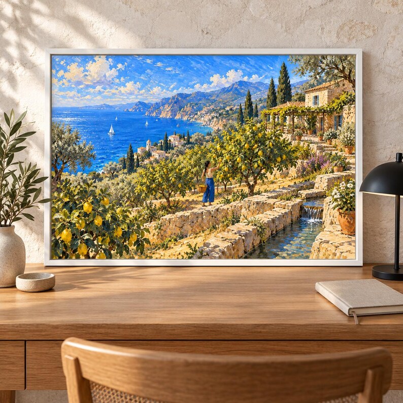 May include: A framed landscape painting depicting a Mediterranean coastal scene with a bright blue sea, sailboats, and a terraced lemon orchard. A person in blue trousers stands among the trees, while a stone water channel flows nearby.