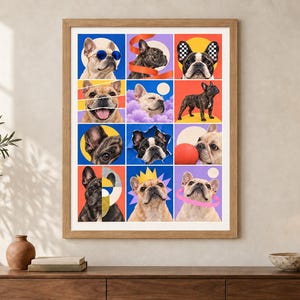 May include: A framed wall art print featuring a grid of twelve colorful squares, each displaying a different French Bulldog in various poses and settings, including wearing sunglasses, a crown, and interacting with a red ball against vibrant backgrounds.