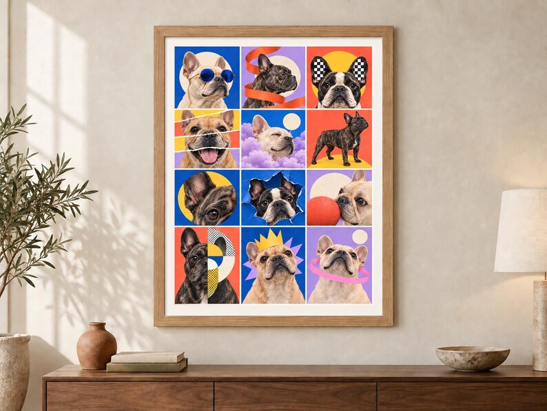 May include: A framed wall art print featuring a grid of twelve colorful squares, each displaying a different French Bulldog in various poses and settings, including wearing sunglasses, a crown, and interacting with a red ball against vibrant backgrounds.
