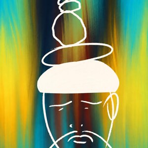 May include: A white line drawing of a person with a mustache and closed eyes, wearing a stack of three rounded shapes on their head, set against a vertical gradient background of bright yellow, deep blue, and dark brown brushstrokes.