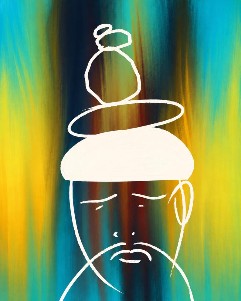 May include: A white line drawing of a person with a mustache and closed eyes, wearing a stack of three rounded shapes on their head, set against a vertical gradient background of bright yellow, deep blue, and dark brown brushstrokes.