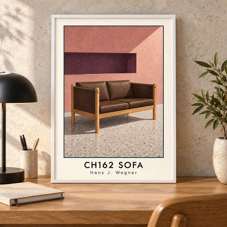 Op de afbeelding: Een ingelijste kunstdruk met een bruine leren bank met een lichthouten frame, tegen een roze muur met een donkere rechthoekige nis. De tekst CH162 SOFA en Hans J. Wegner staat in het zwart onderaan de witte rand van de print.