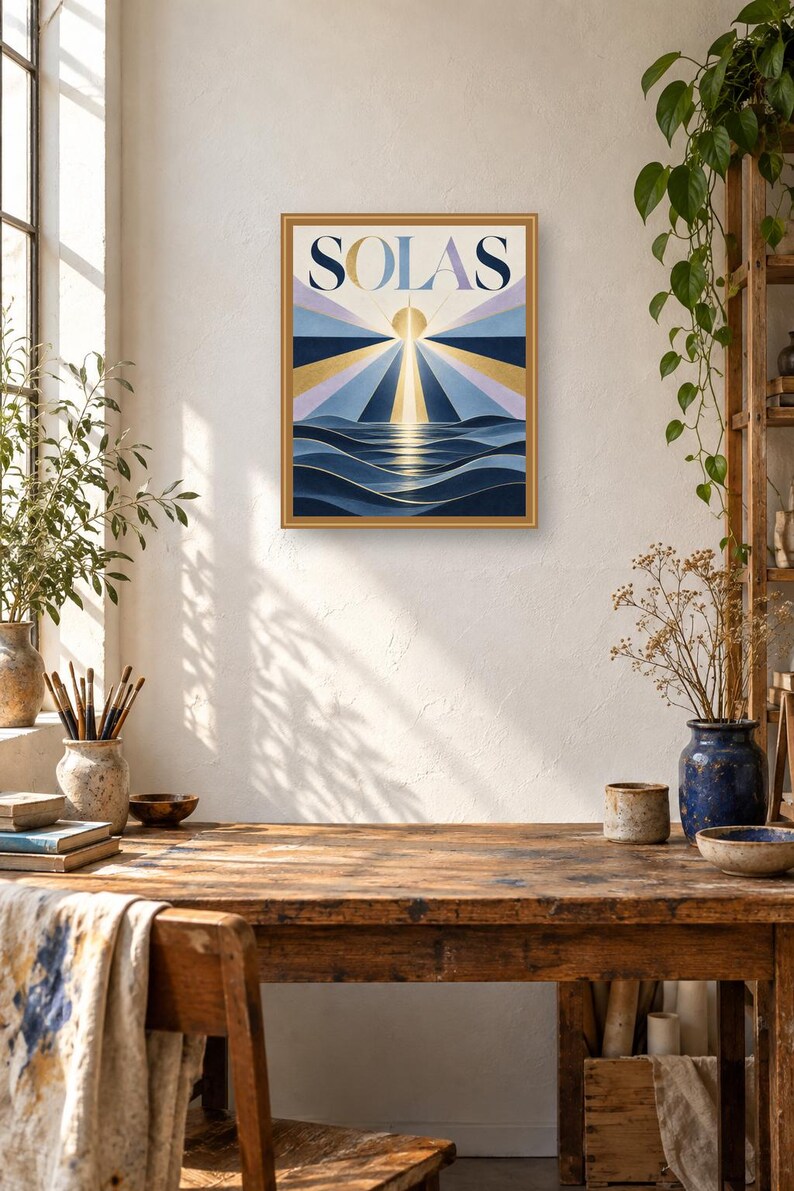 May include: A rectangular framed wall art print featuring the word SOLAS in bold capital letters at the top. The graphic depicts a stylized sun rising over dark blue ocean waves with radiating beams of light in shades of gold, blue, and lavender.