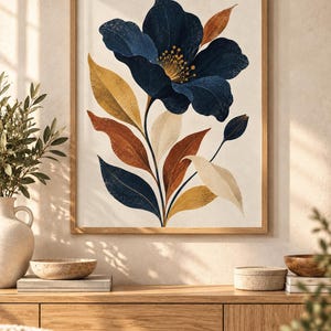 May include: A framed wall art print featuring a large, dark blue flower with a yellow centre, surrounded by stylised leaves in shades of mustard yellow, burnt orange, and deep blue, all set against a neutral, off-white background.