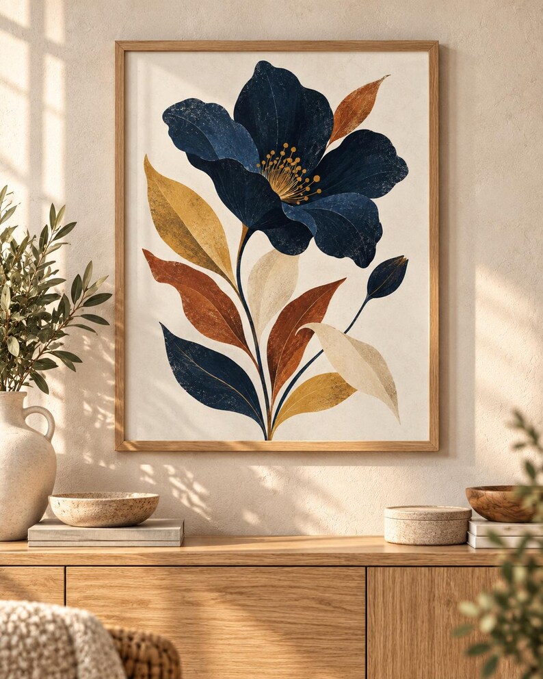 May include: A framed wall art print featuring a large, dark blue flower with a yellow centre, surrounded by stylised leaves in shades of mustard yellow, burnt orange, and deep blue, all set against a neutral, off-white background.