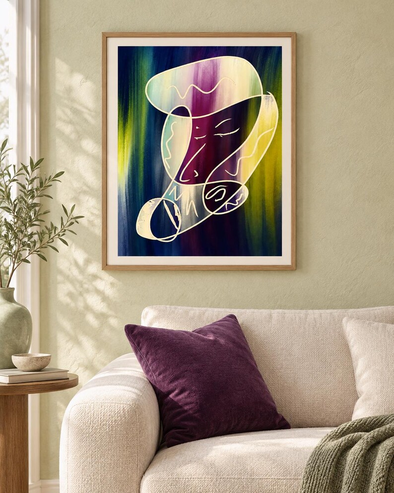 May include: A framed wall art print featuring an abstract composition with a continuous white line drawing of a face layered over a vertical gradient background of deep blue, purple, and bright yellow-green brushstrokes in a light wood frame.
