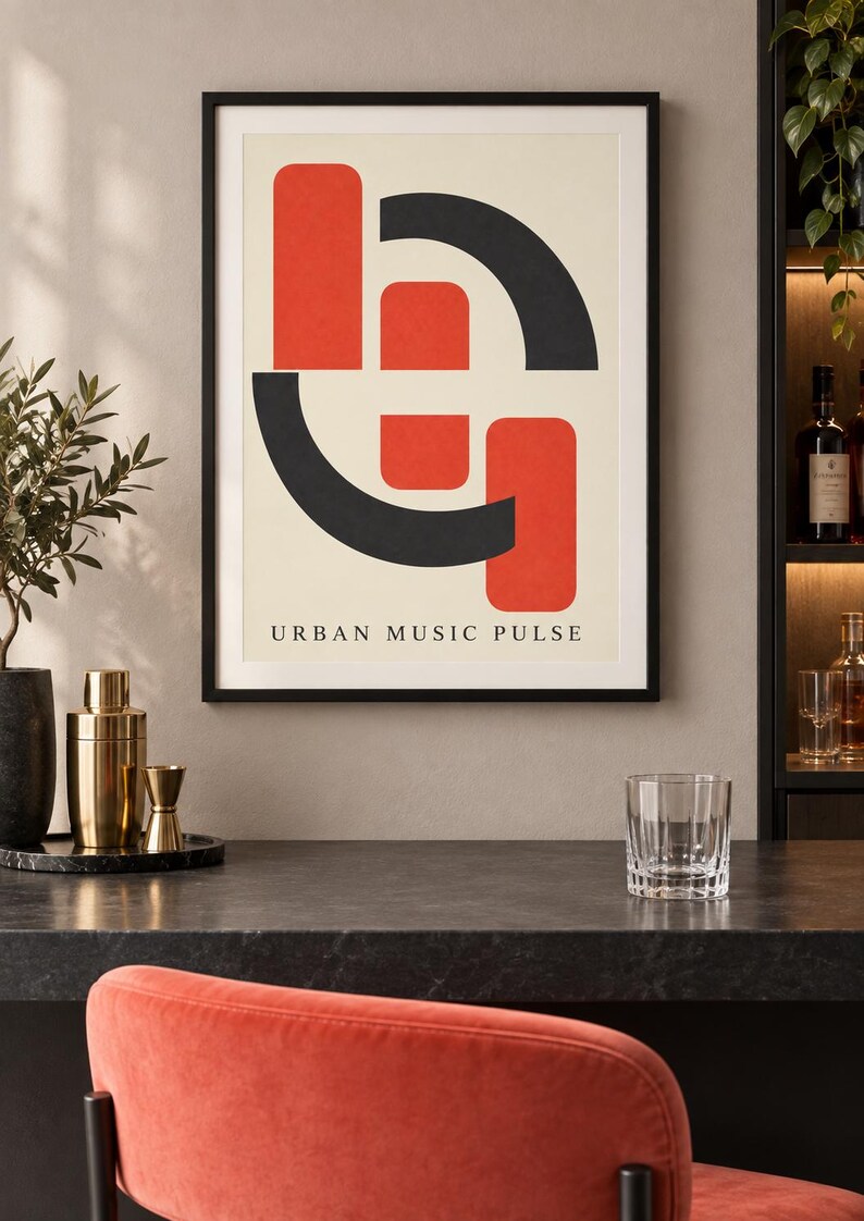 May include: A framed wall art print featuring a cream background with a geometric design of two vertical red rectangles and two black curved shapes. The text URBAN MUSIC PULSE is printed in black at the bottom of the composition within the frame.