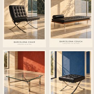 K&ouml;nnte beinhalten: Eine Kollektion von vier M&ouml;belst&uuml;cken von Ludwig Mies van der Rohe: ein schwarzer, gesteppter Barcelona-Stuhl, eine schwarze, gesteppte Barcelona-Liege, ein quadratischer Barcelona-Tisch mit Glasplatte und Metallrahmen sowie ein schwarzer, gesteppter Barcelona-Hocker.