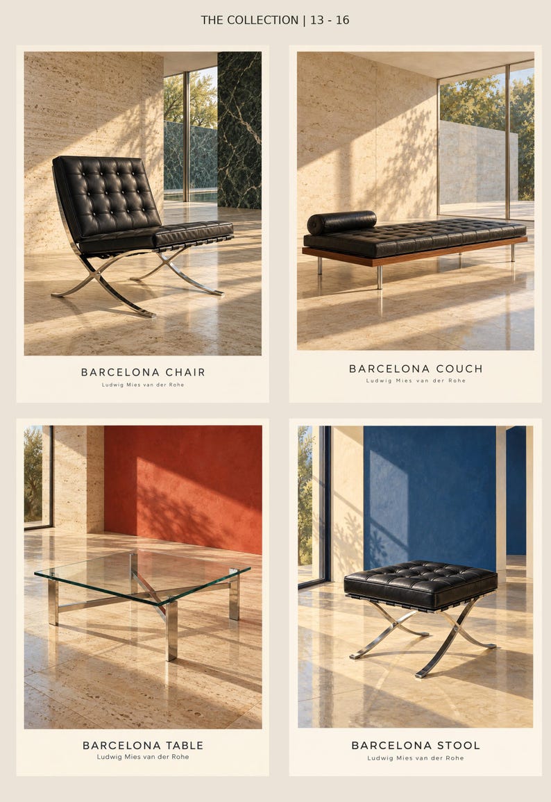 K&ouml;nnte beinhalten: Eine Kollektion von vier M&ouml;belst&uuml;cken von Ludwig Mies van der Rohe: ein schwarzer, gesteppter Barcelona-Stuhl, eine schwarze, gesteppte Barcelona-Liege, ein quadratischer Barcelona-Tisch mit Glasplatte und Metallrahmen sowie ein schwarzer, gesteppter Barcelona-Hocker.