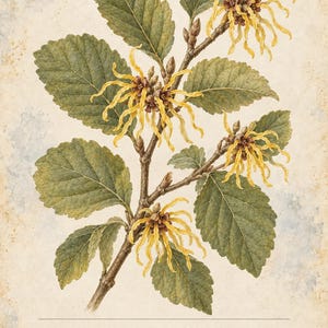 K&ouml;nnte beinhalten: Eine botanische Illustration der Hamamelis virginiana mit gr&uuml;nen, gezackten Bl&auml;ttern und B&uuml;scheln aus d&uuml;nnen, gelben, bandartigen Bl&uuml;tenbl&auml;ttern. Der Druck enth&auml;lt den Text HERBARIO PLANTAS MEDICINALES 36/40, HAMAMELIS, Hamamelis virginiana und eine Beschreibung.