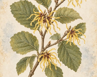 Witch Hazel Botanical Print, Hamamelis Herbarium Art, English & Spanish Plant Poster, Digital Download